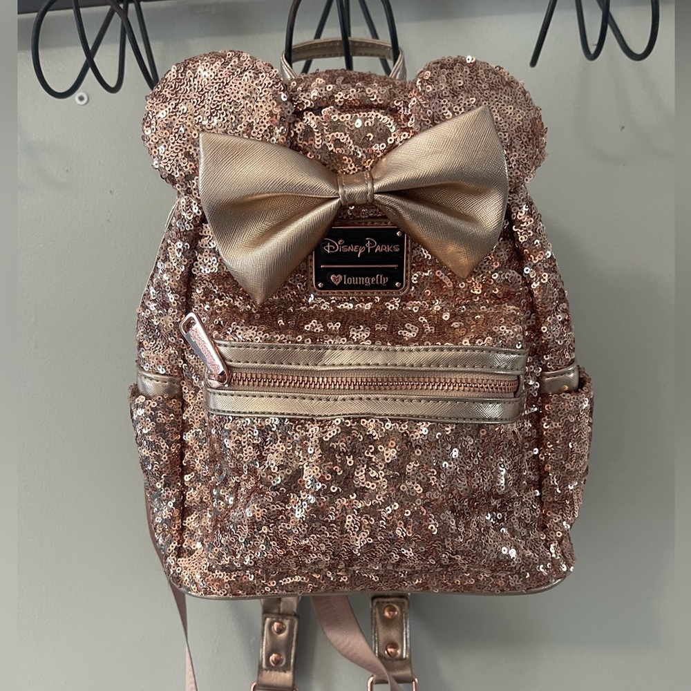 Disney Loungefly rose gold sequin backpack, and wallet